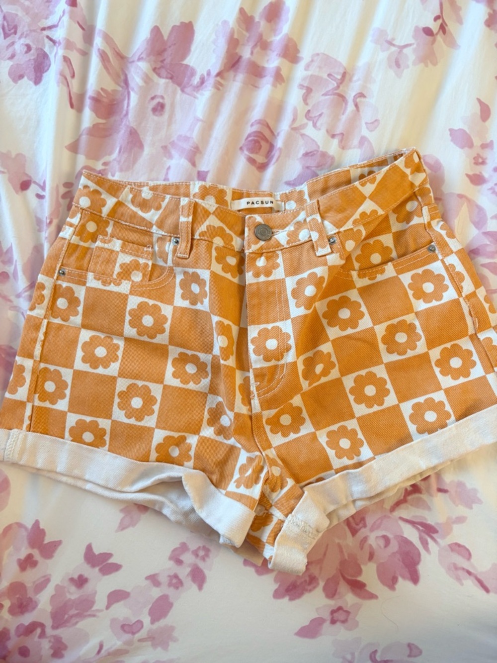 Pacsun Orange flower pattern denim shorts
